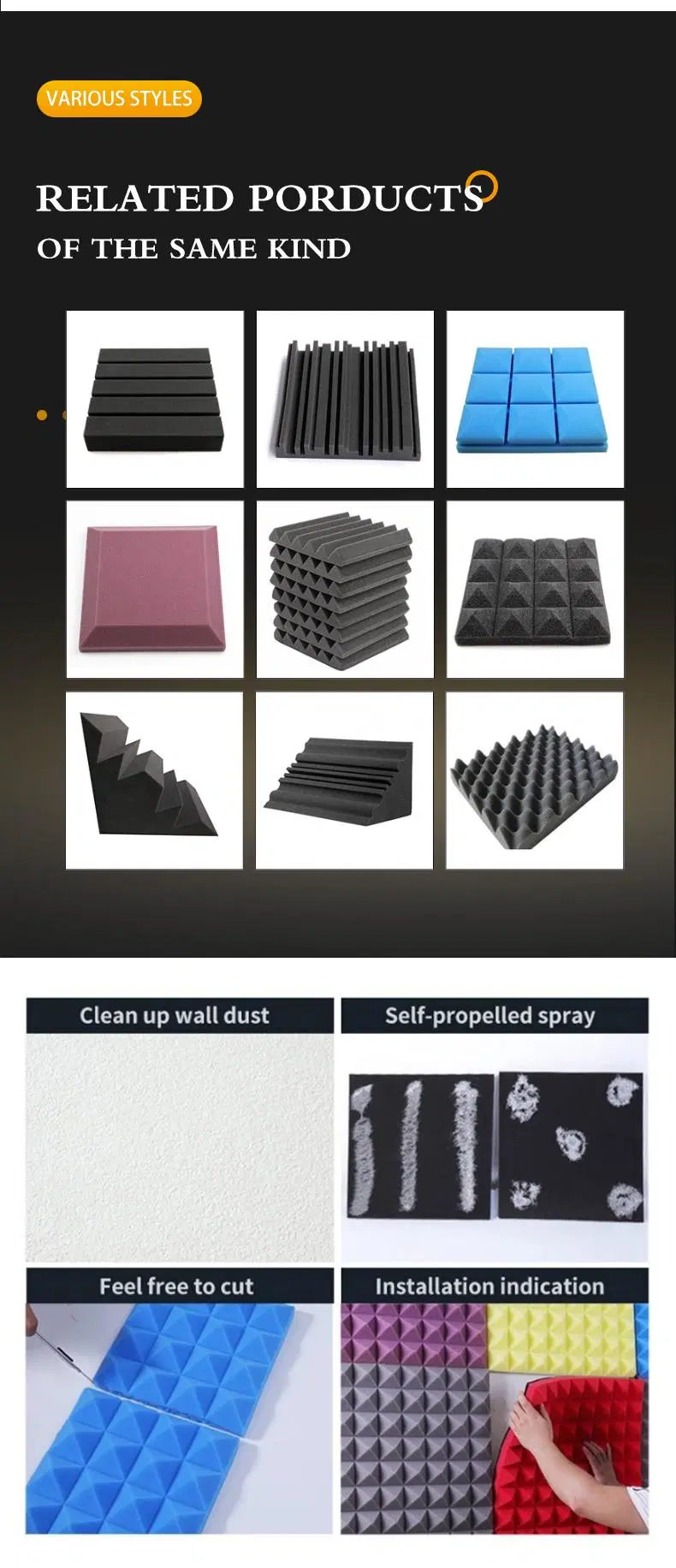 Soundproof Foam Wedge Pattern Black Color Acoustic Foam
