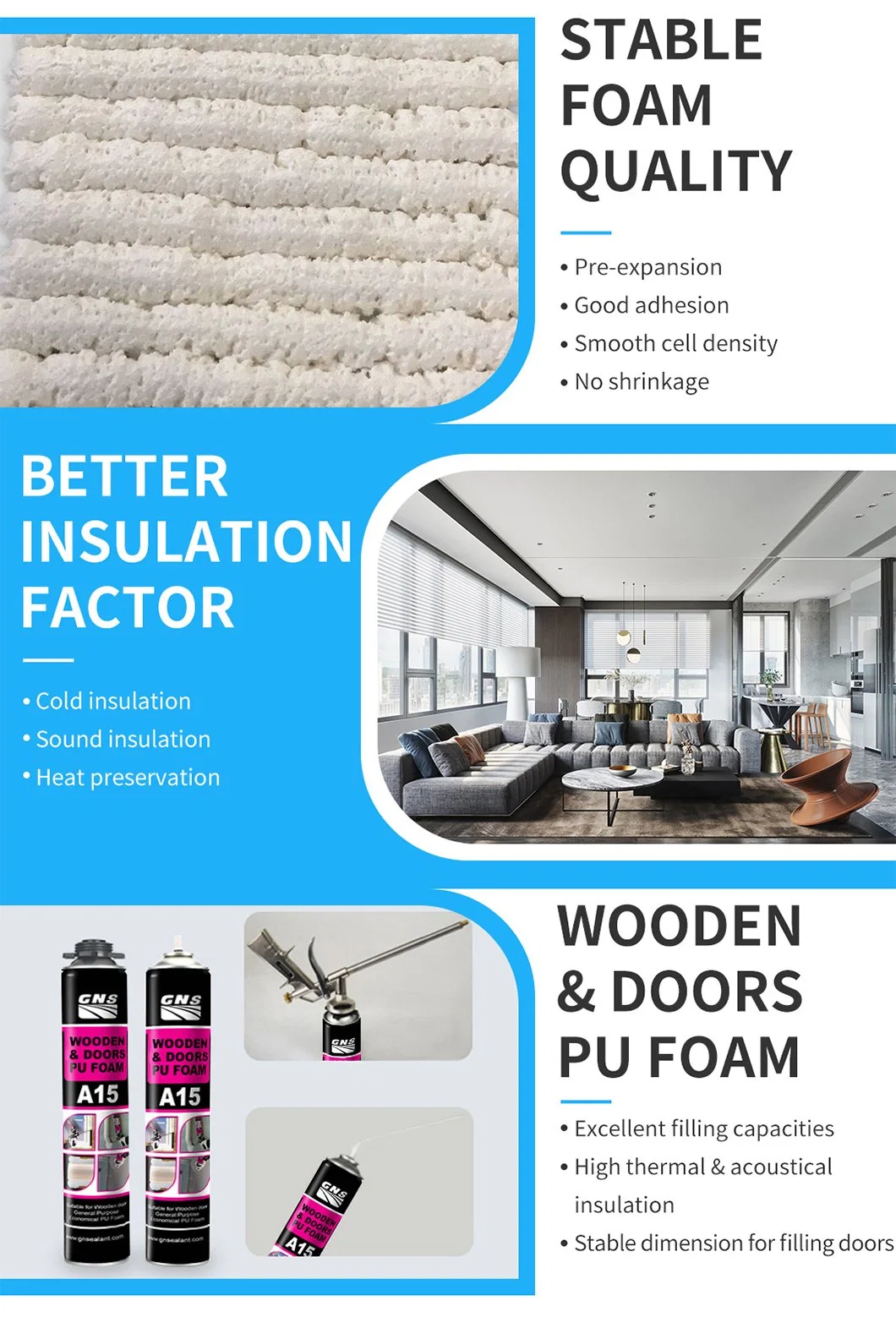 All in One PU Foam up to 45 Liters High Filling Capacity with %180-240 Expansion High Thermal and Acoustic Isolation.